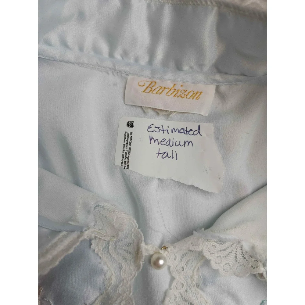 Vintage Barbizon Light Blue Satin Nightgown Lace Floral Embroidery Long Sleeve M
